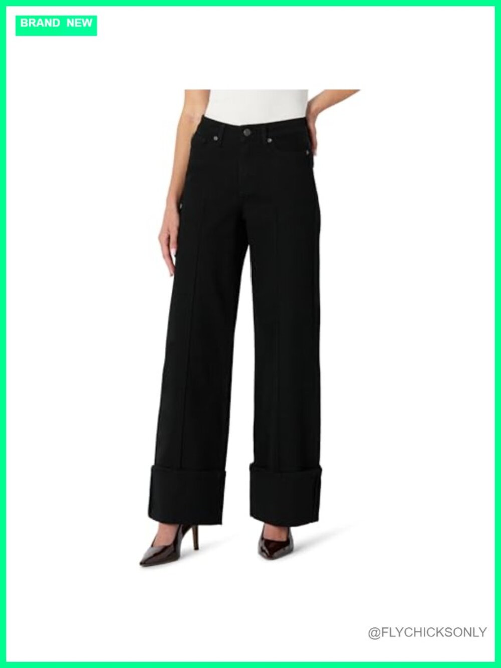 High Rise Wide Leg Cuffed Jeans Low Stretch Denim Pintuck